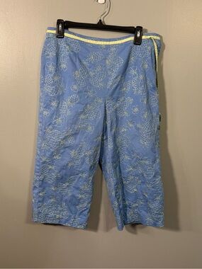 Talbots Stretch Pineapple Embroidery Crop Capri Pants Cotton Blue Yellow Size 12